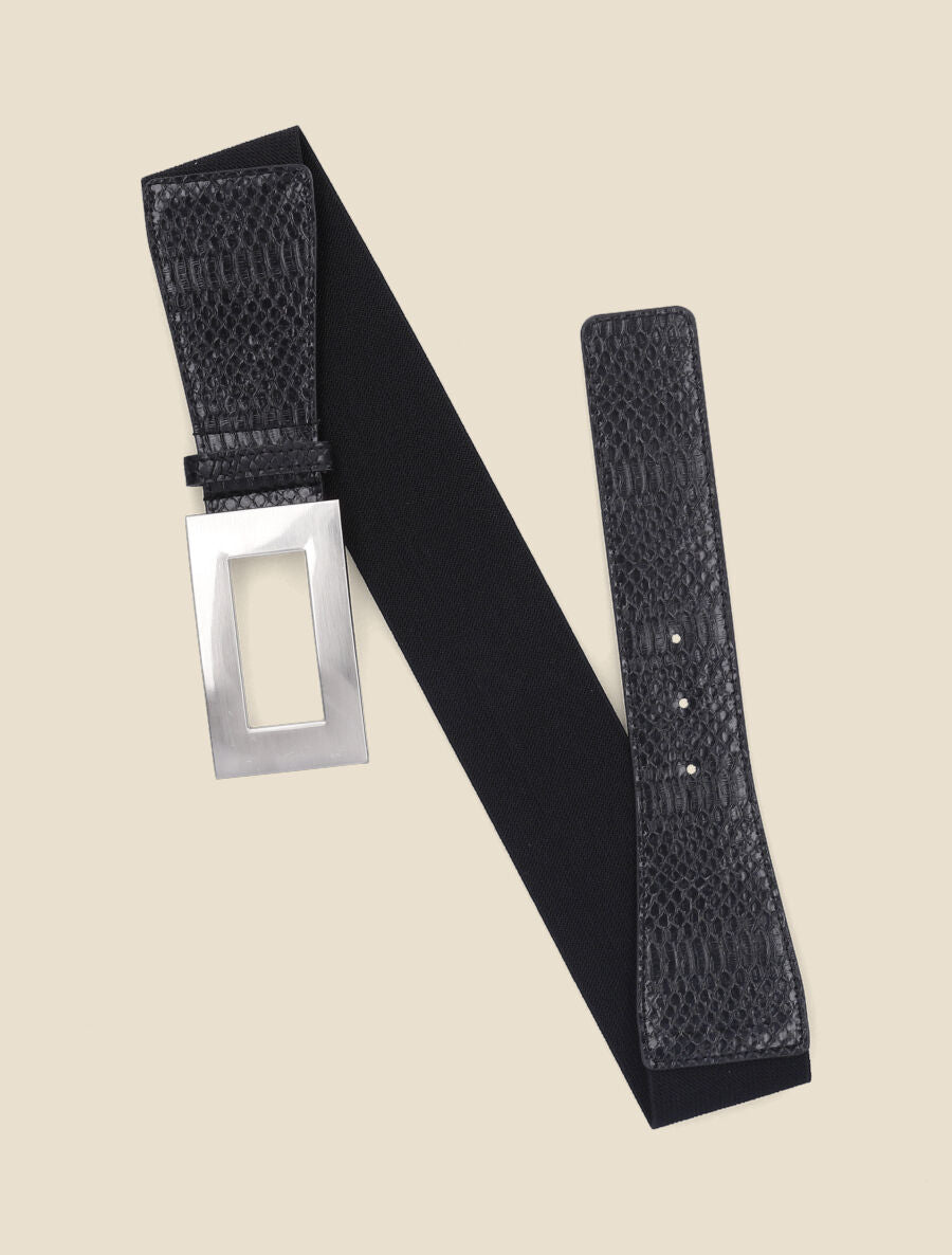 Ceinture élastiquée imprimé python et boucle rectangle - Noir - 2