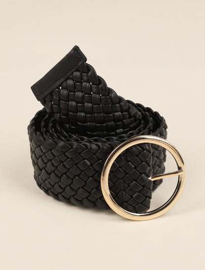 Ceinture tressée à boucle ronde métallique - Noir/dorée - 1