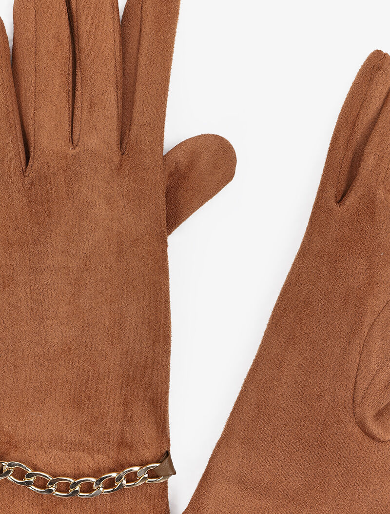 Gants en suédine à détail chaîne - Camel - 2