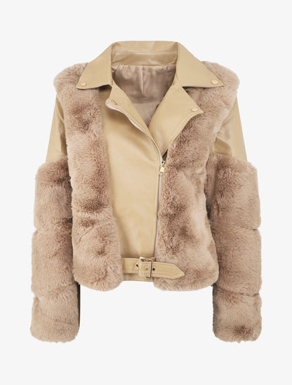 Perfecto en simili et fourrure synthétique - Taupe - 1