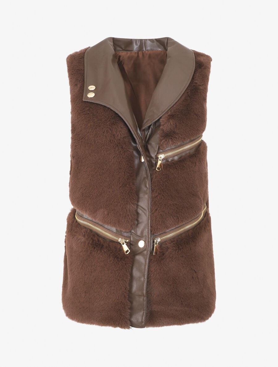 Veste sans manches à zips décoratifs - Marron - 4