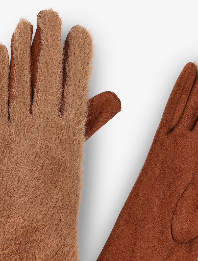 Gants en suédine et fausse fourrure - Camel - 2