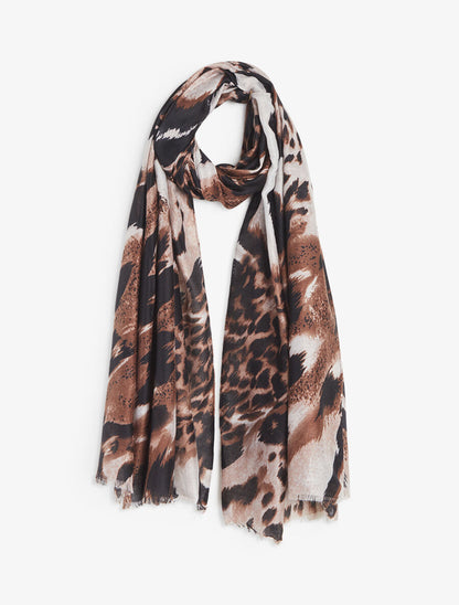 Foulard à bords éffilochés imprimé animal - Marron - 1