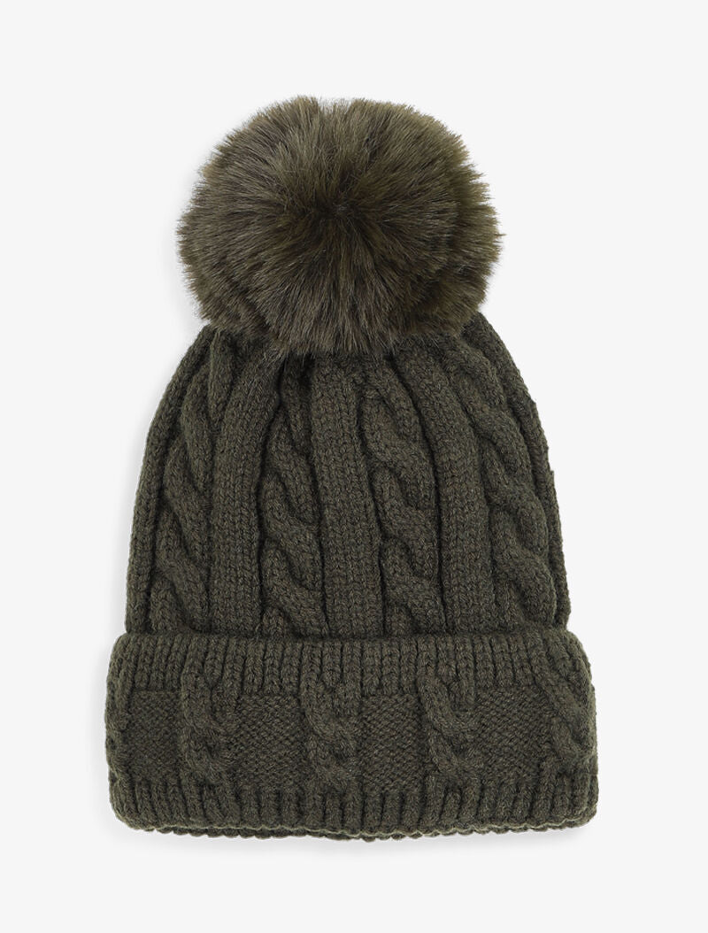 Bonnet en maille tressée à pompon - Kaki - 1