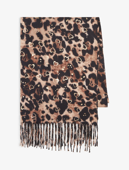 Foulard épais imprimé léopard et cœurs nacrés - Beige - 2