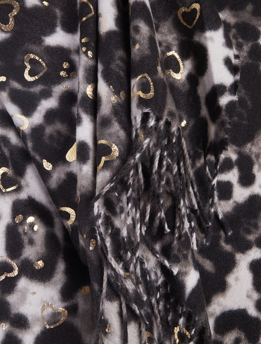 Foulard épais imprimé léopard et cœurs nacrés - Gris - 3