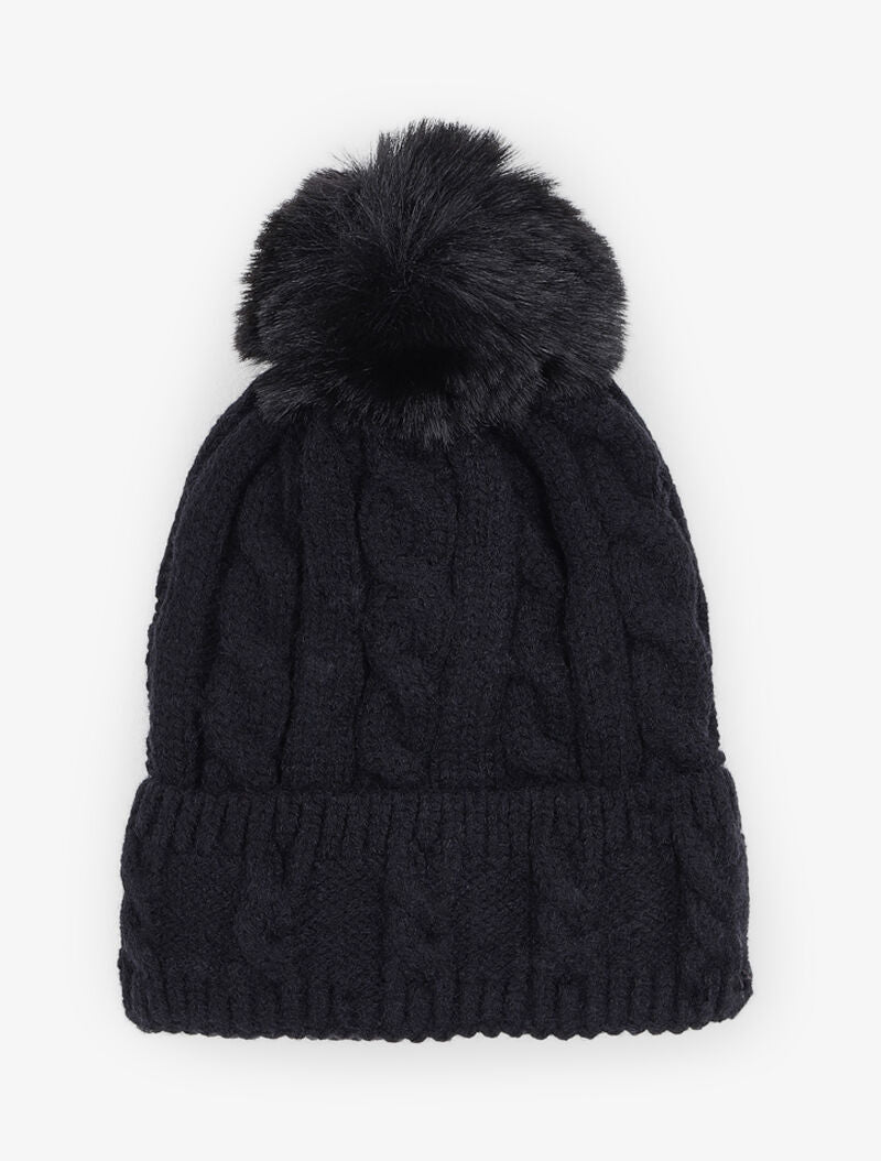Bonnet en maille tressée à pompon - Noir - 3