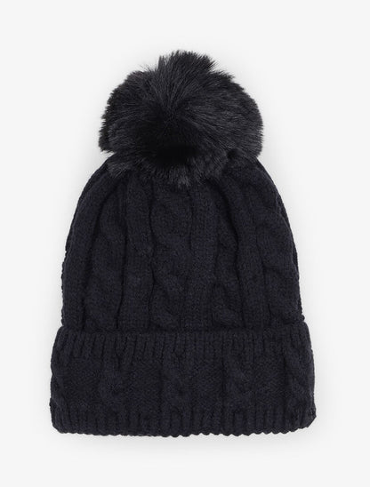 Bonnet en maille tressée à pompon - Noir - 3