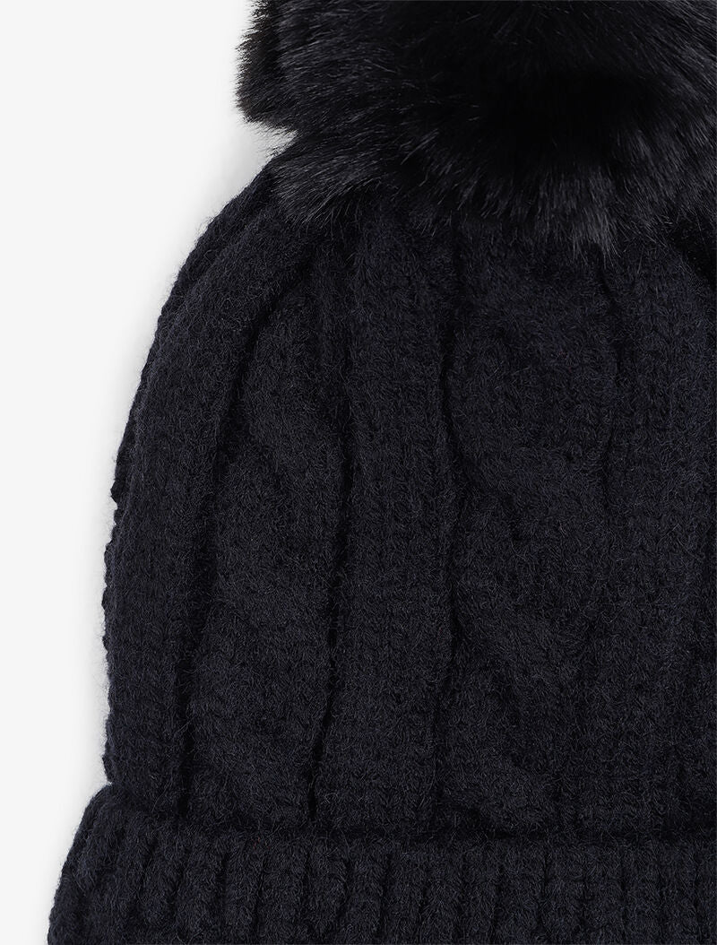 Bonnet en maille tressée à pompon - Noir - 2