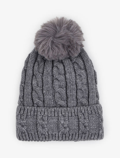 Bonnet en maille tressée à pompon - Gris - 1