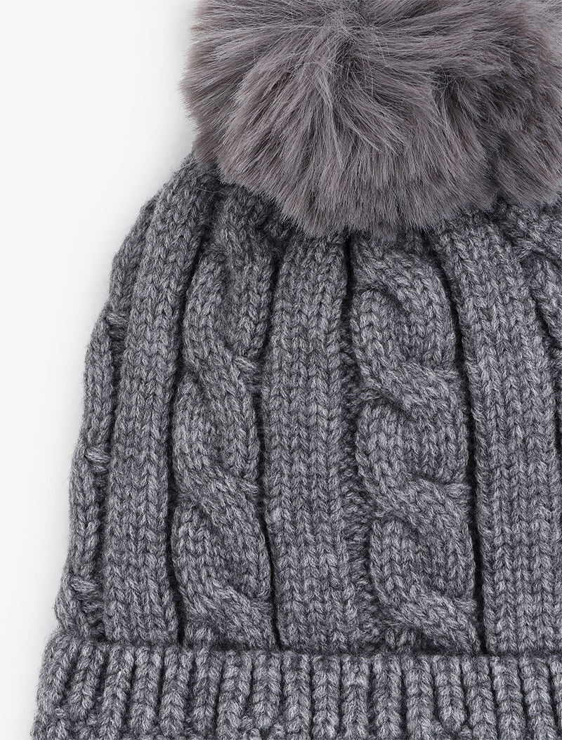 Bonnet en maille tressée à pompon - Gris - 2