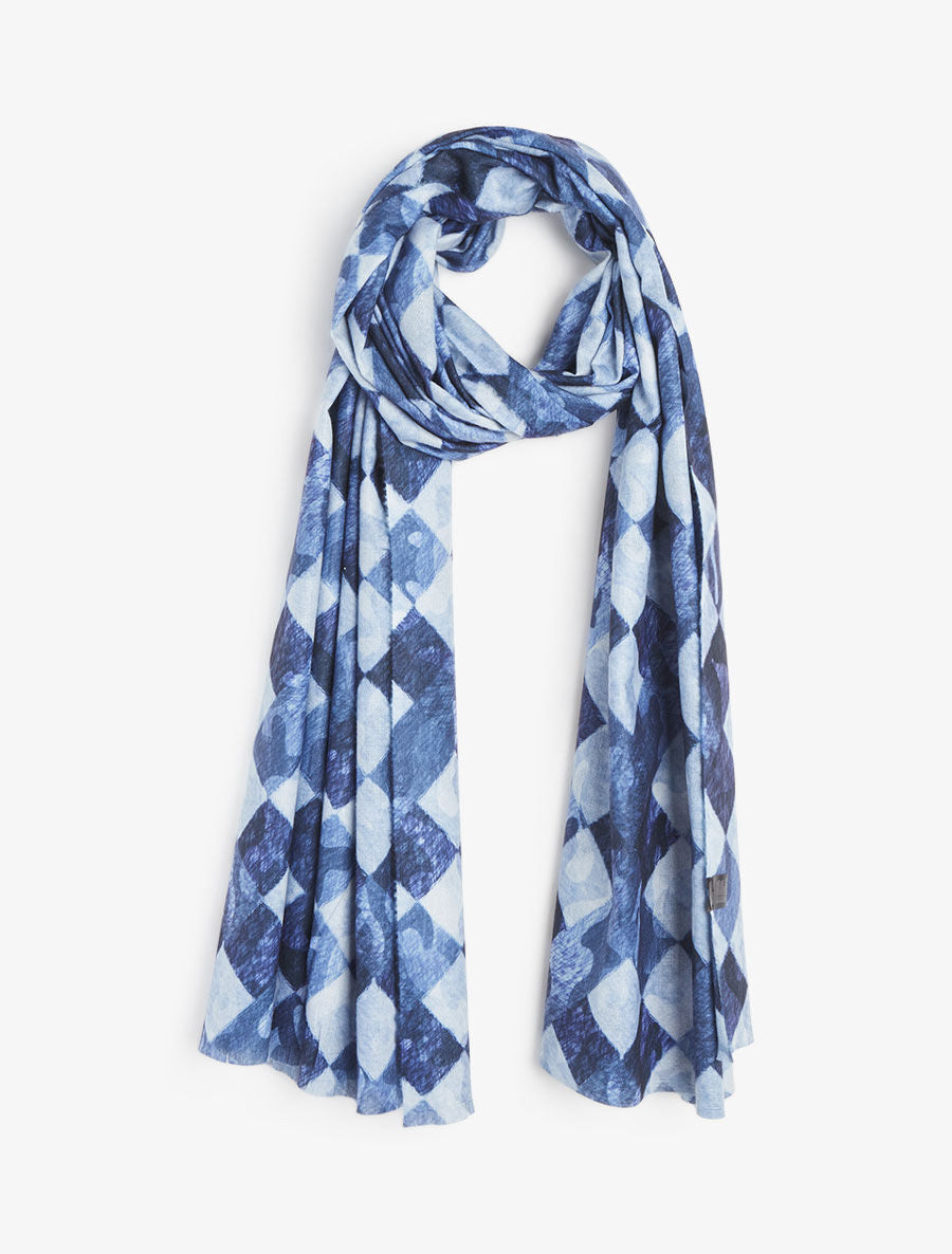 Foulard imprimé graphique et bords effilochés - Marine - 1