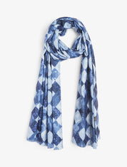 Foulard imprimé graphique et bords effilochés - Marine - 1