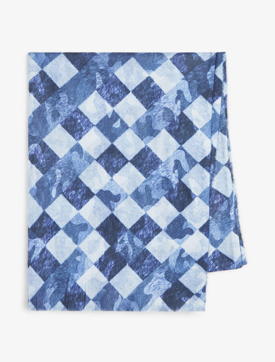 Foulard imprimé graphique et bords effilochés - Marine - 2