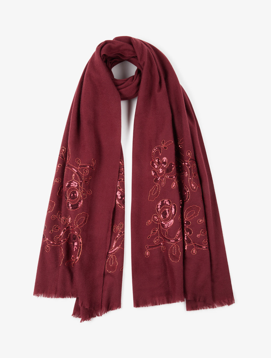 Echarpe à imprimé fleurs ornées de sequins - Bordeaux - 1