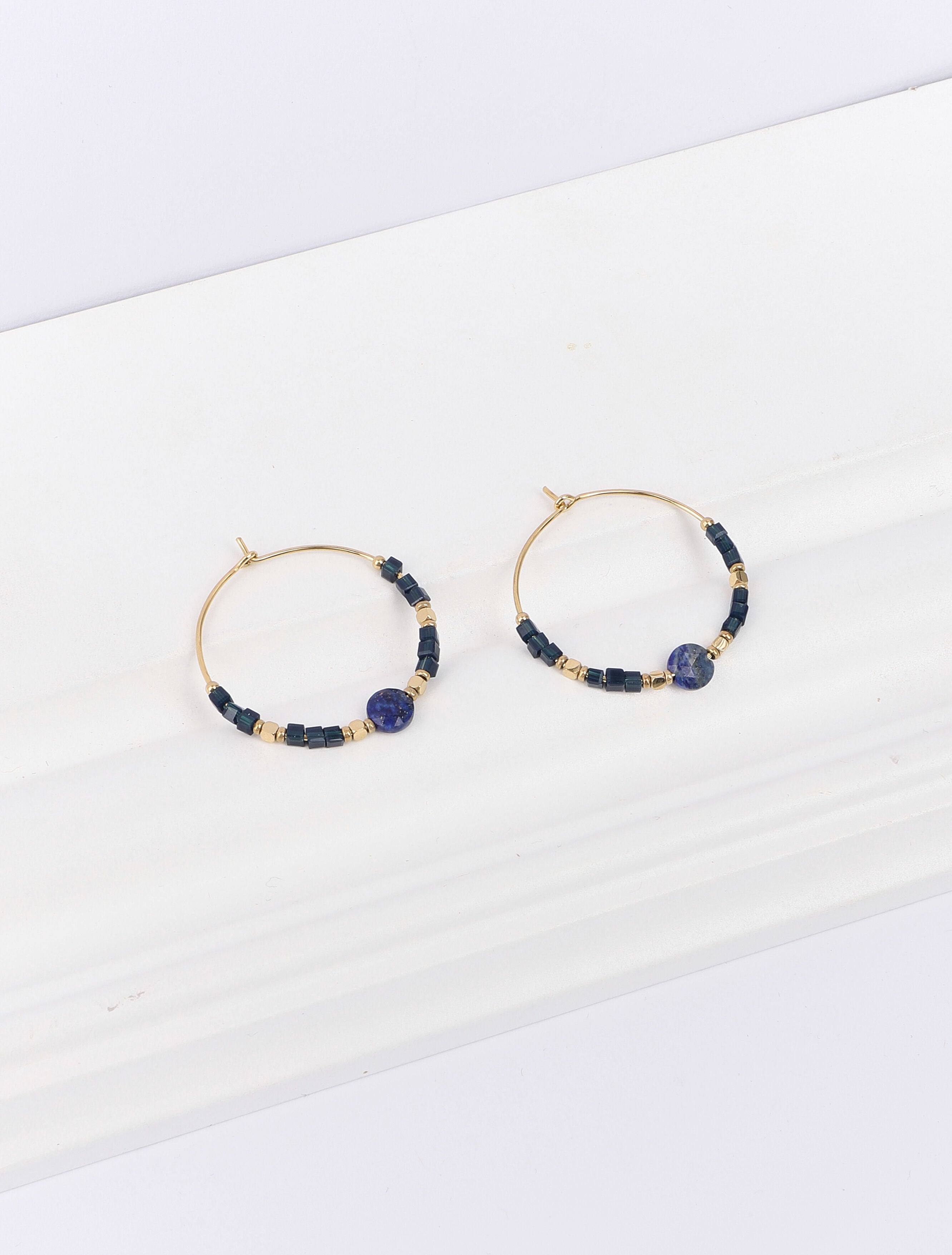 Créoles à perles - Bleu/or - 3