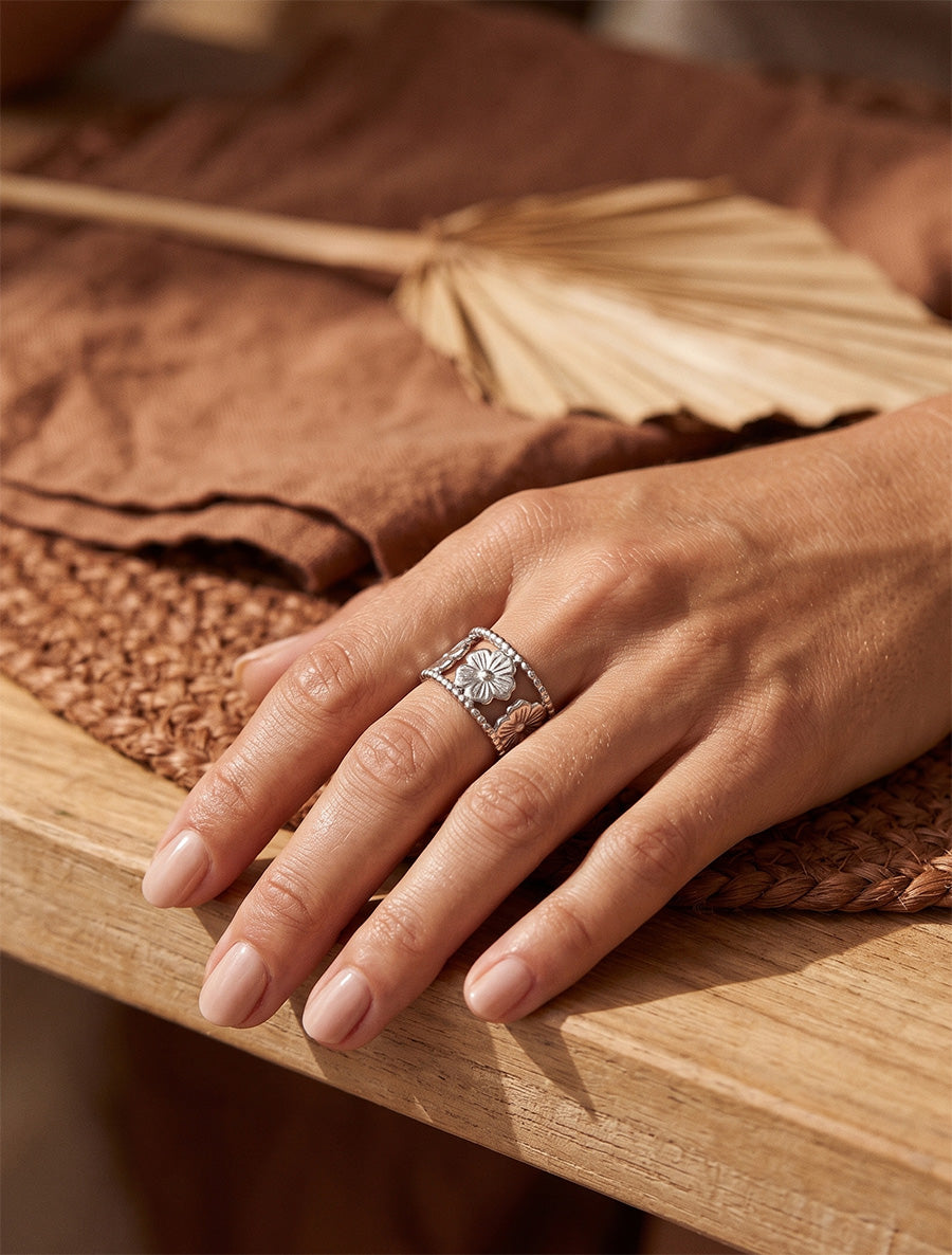 Bague à petites billes et motif floral - Argent - 1