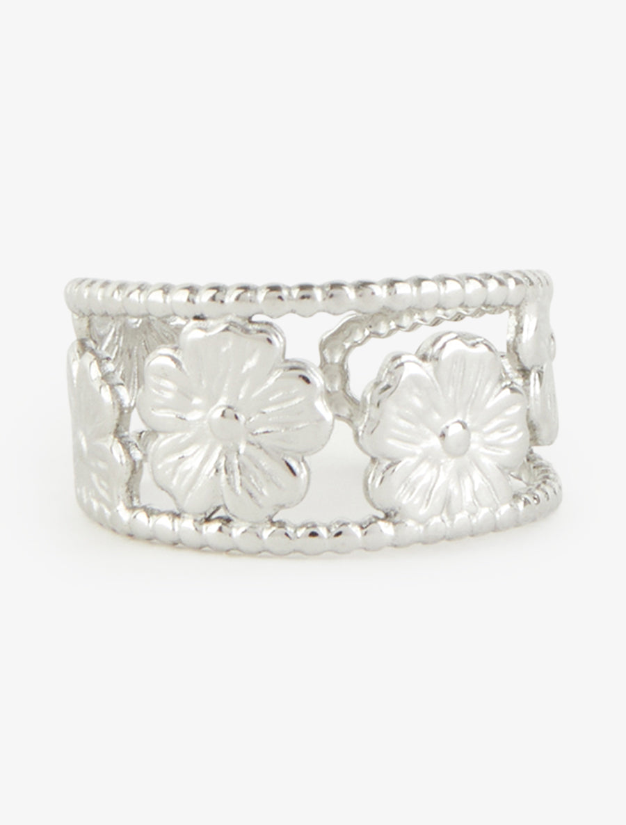 Bague à petites billes et motif floral - Argent - 3