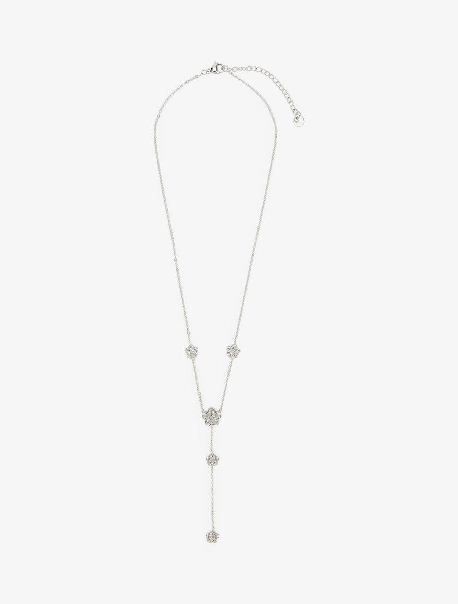 Collier fin en Y à fleurs - Argent - 2