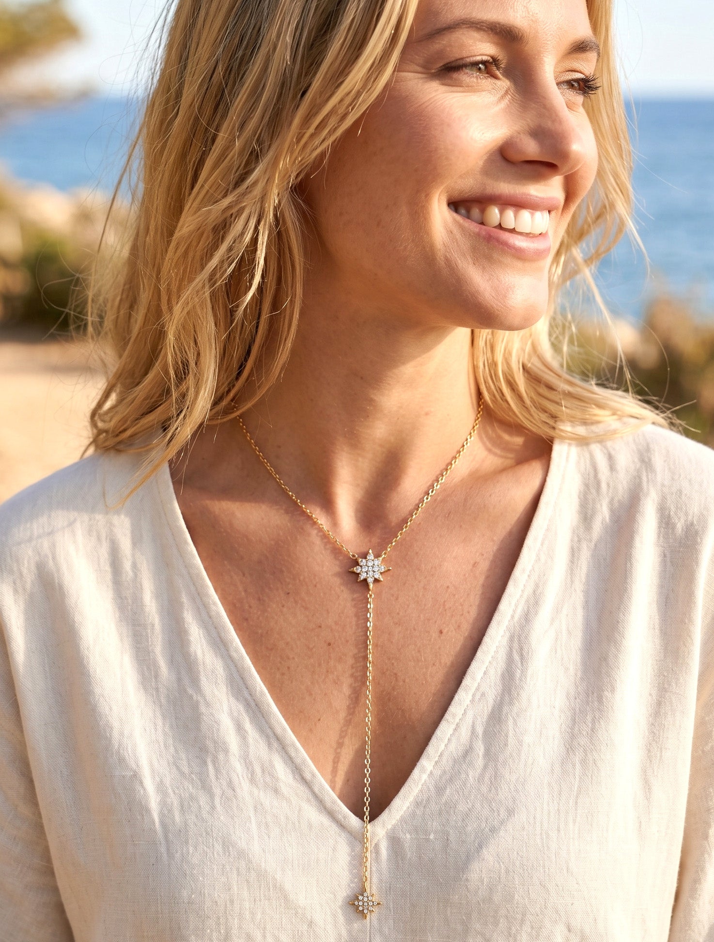 Collier fin en Y à étoiles strassées - Or - 1