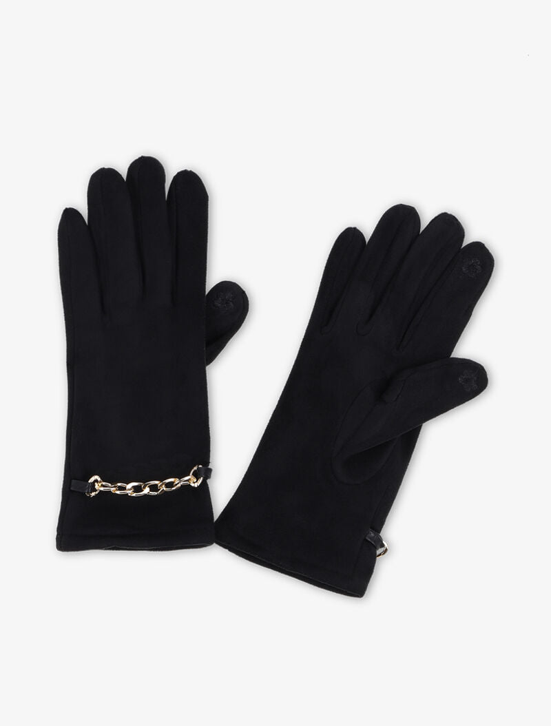 Gants en suédine à détail chaîne - Noir - 1