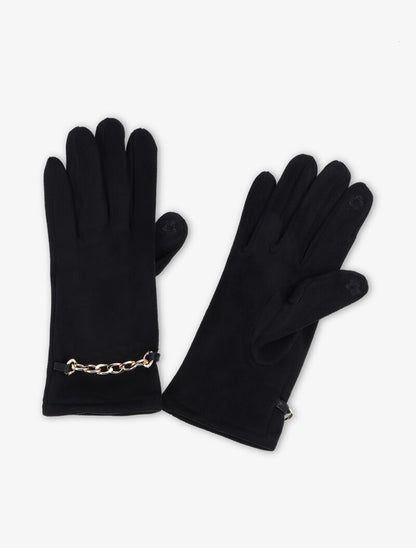 Gants en suédine à détail chaîne - Noir - 1