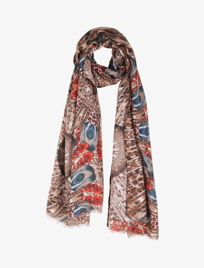Foulard à imprimé plumes stylisées - Camel - 4
