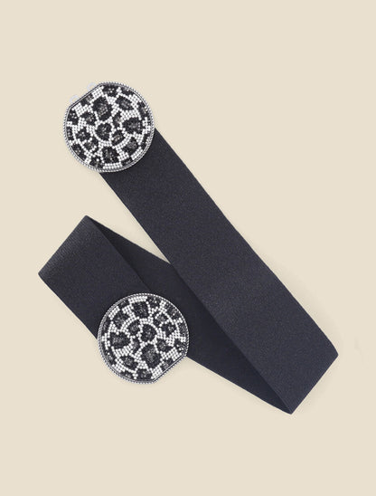 Ceinture à boucle métallique strassée à motif léopard - Noir/blanc - 1