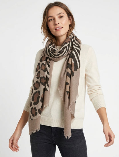Sciarpa rettangolare con motivo zebrato e leopardato. - Beige