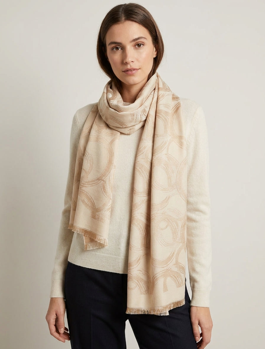 Sciarpa rettangolare con motivo a cerchi e bordi sfrangiati. - Beige