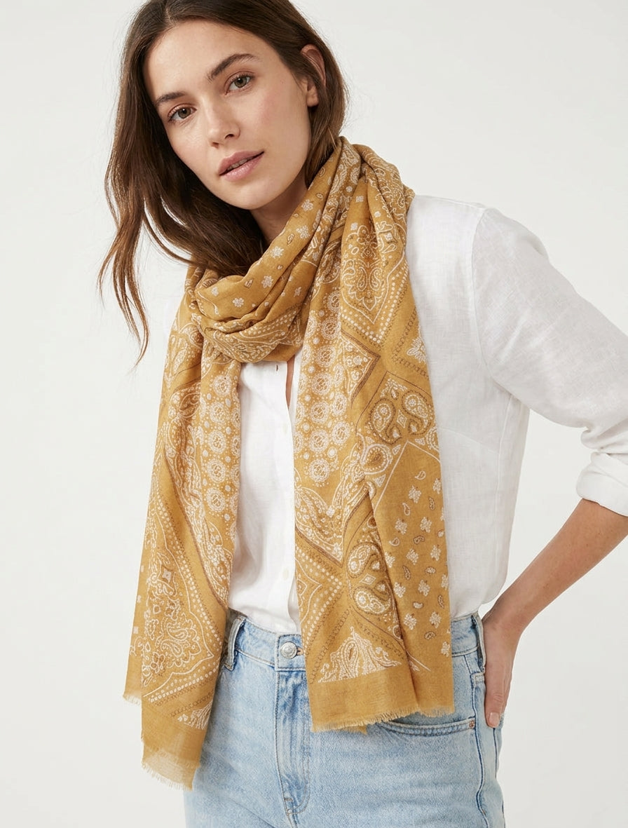 Sciarpa stampata bandana in misto cotone - Senape