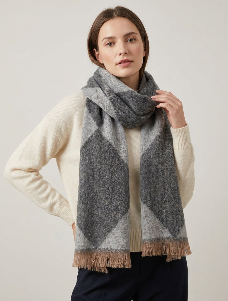 Sciarpa in misto cashmere con stampa a rombi - Grigio