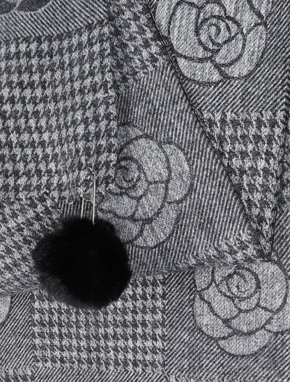 Echarpe à pompons et motif roses - Noir - 3