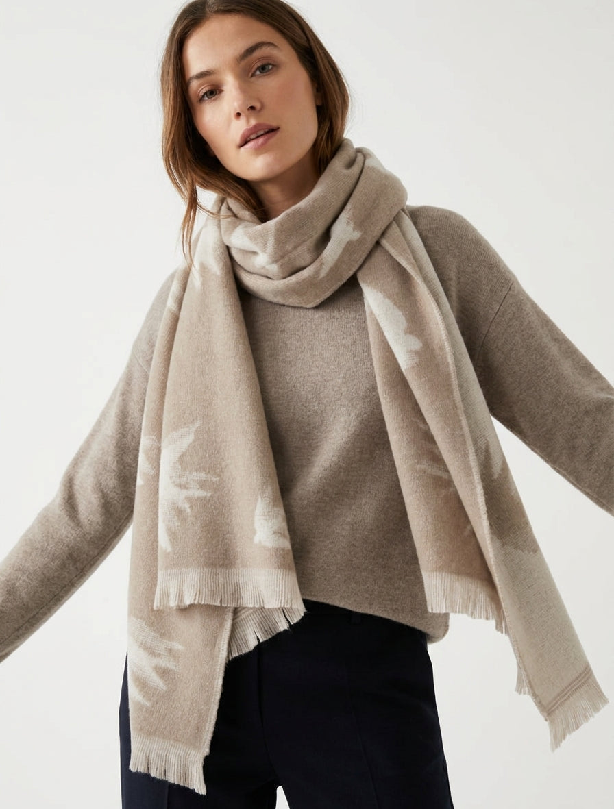 Sciarpa in misto lana con motivo colombe - Beige
