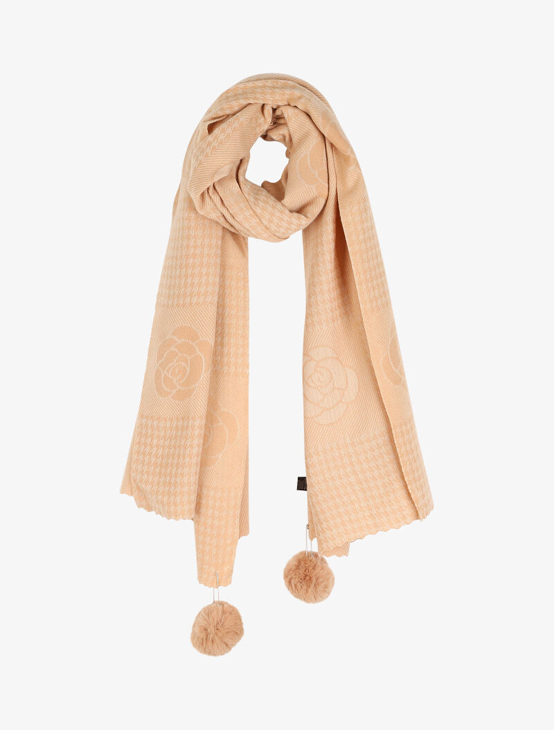 Echarpe à pompons et motif roses - Beige - 1