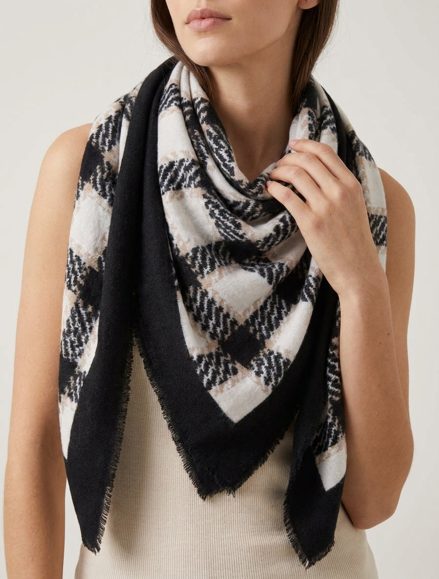 Foulard stampato a quadri con bordi sfrangiati - Nero