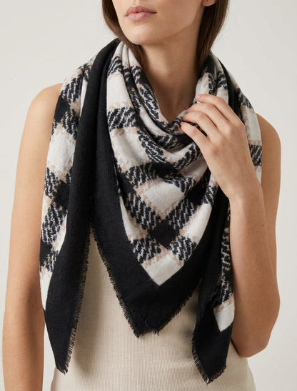 Foulard stampato a quadri con bordi sfrangiati - Nero