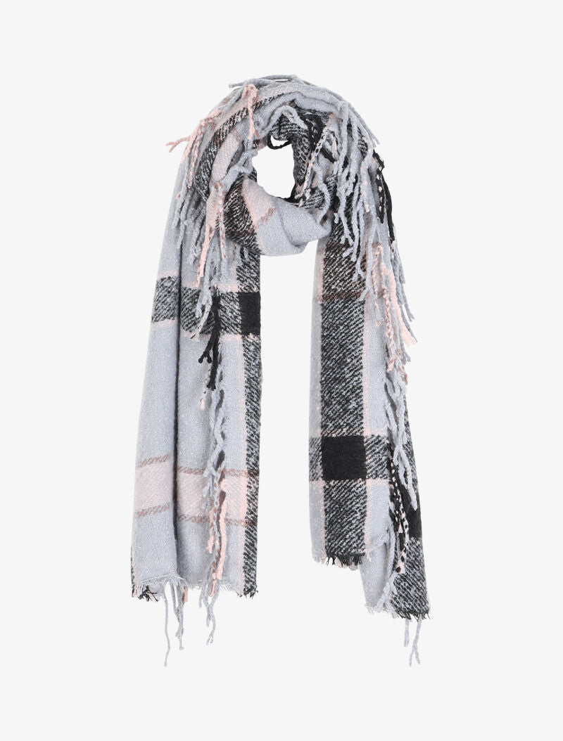 Echarpe à carreaux et franges - Gris clair - 1