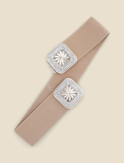 Ceinture élastiquée à boucle carrée à strass - Camel - 1