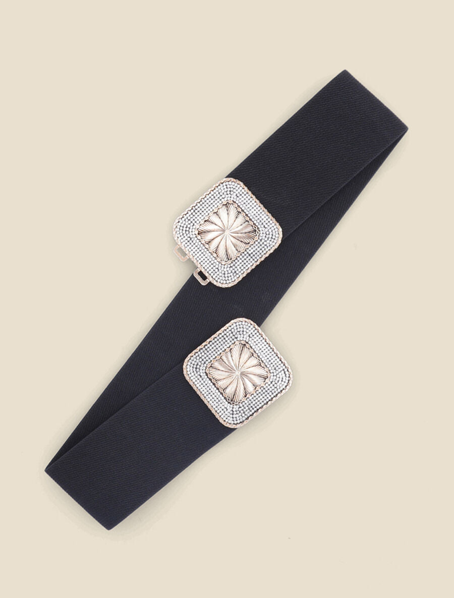 Ceinture élastiquée à boucle carrée à strass - Noir - 1