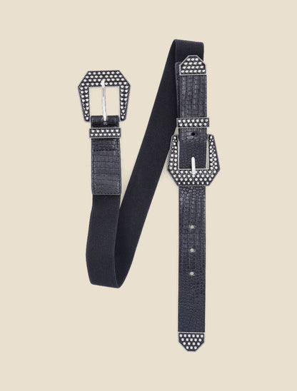 Ceinture effet croco à double boucles métalliques - Noir/argent - 1