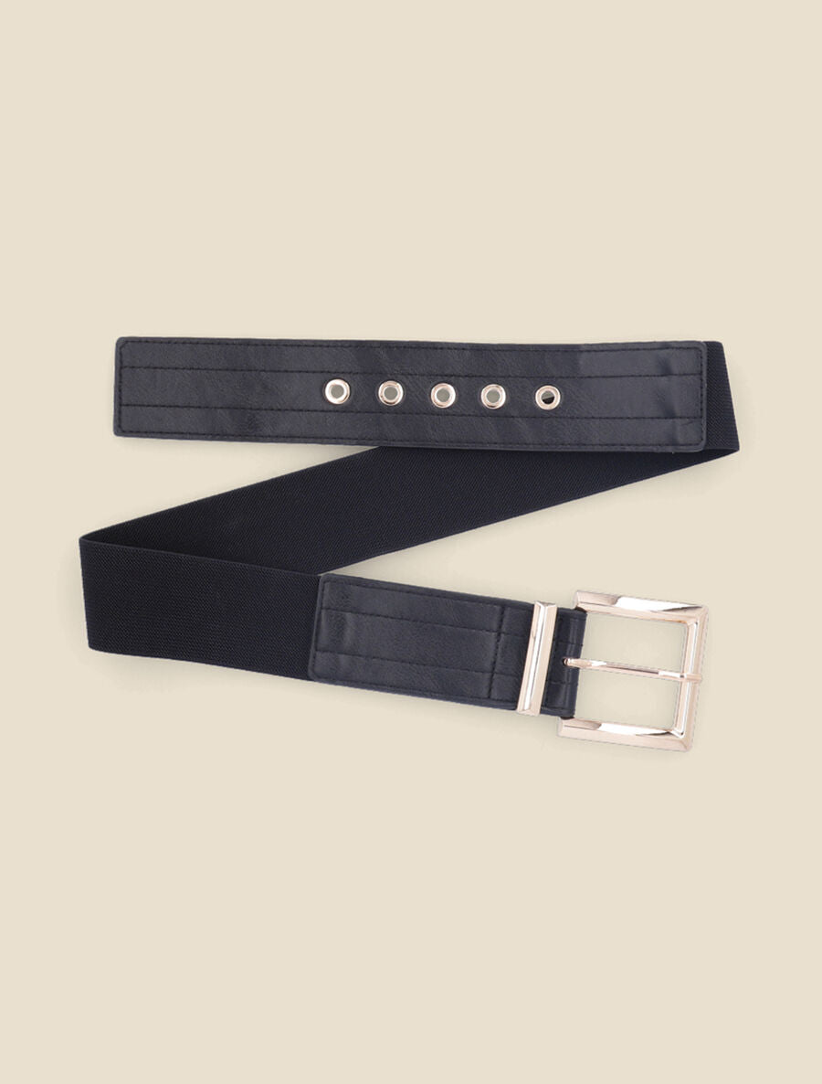 Ceinture élastiquée à boucle métallique carrée - Noir/or - 1