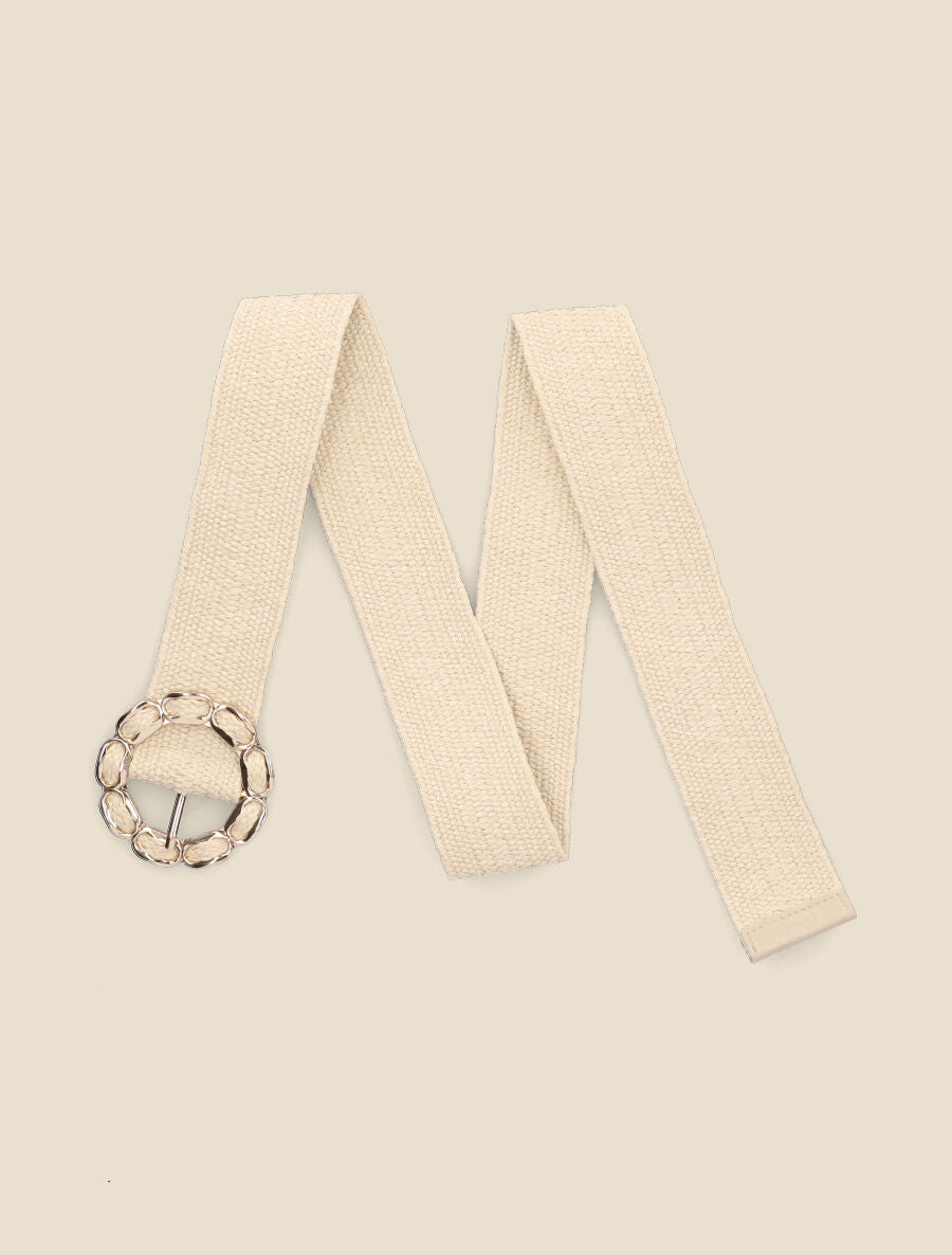 Ceinture style raphia à boucle ronde dorée - Beige - 2