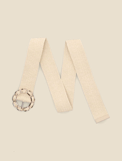 Ceinture style raphia à boucle ronde dorée - Beige - 2