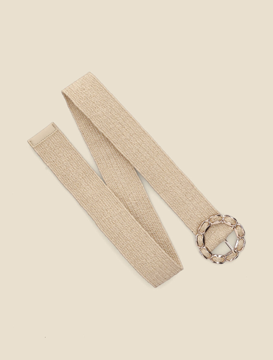 Ceinture style raphia à boucle ronde dorée - Taupe - 2