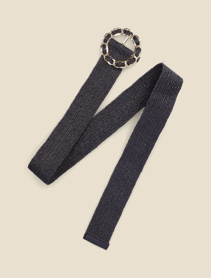 Ceinture style raphia à boucle ronde dorée - Noir - 1