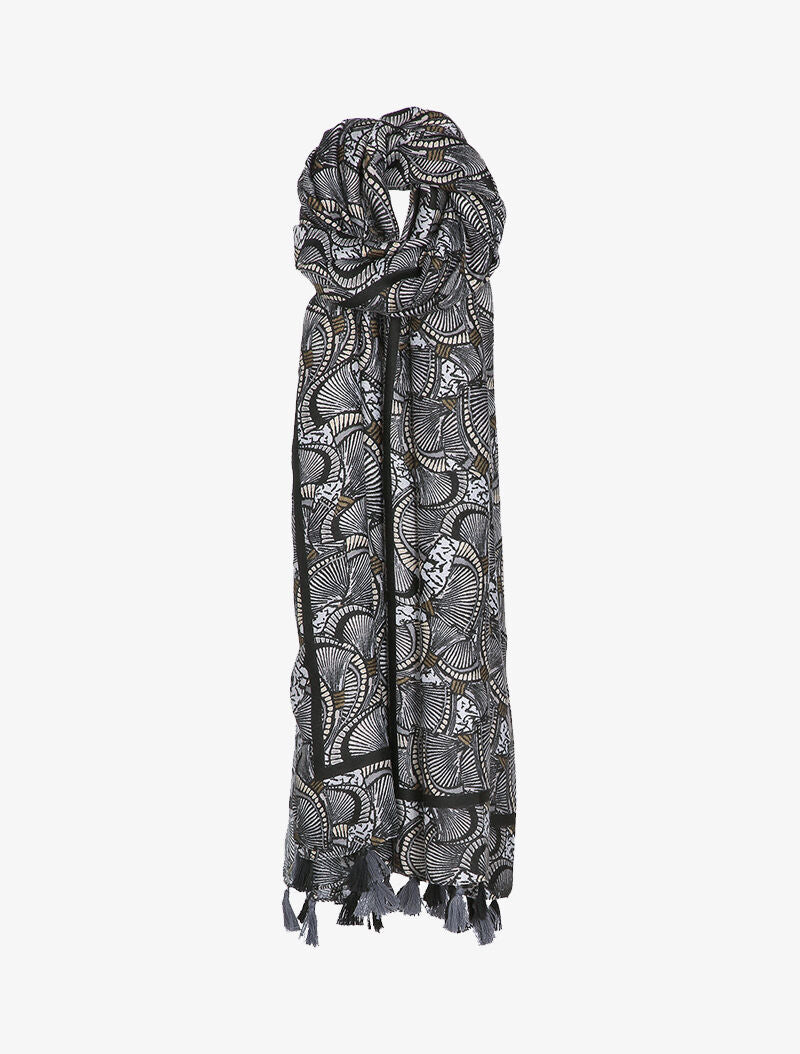 Foulard à imprimé éventails et bords à pompons - Noir - 1