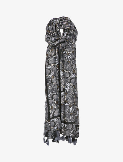 Foulard à imprimé éventails et bords à pompons - Noir - 1