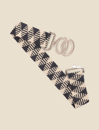 Ceinture style raphia à boucle stylisée à crochet - Noir/beige - 1