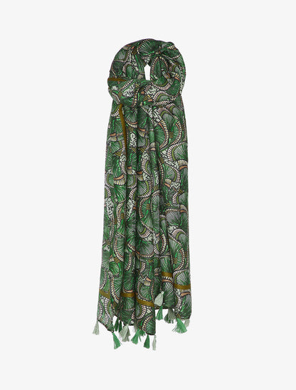 Foulard à imprimé éventails et bords à pompons - Vert - 3